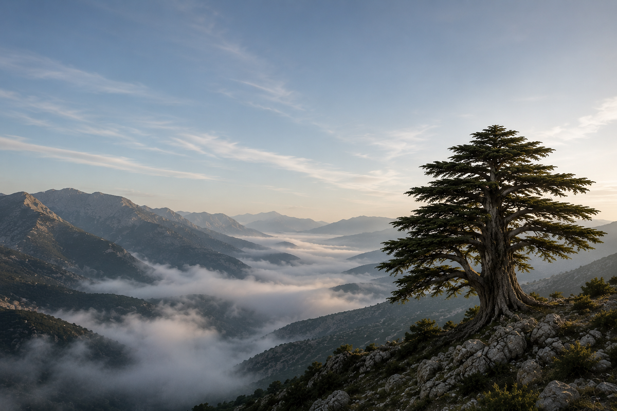 A Lebanese cedar standing in mist