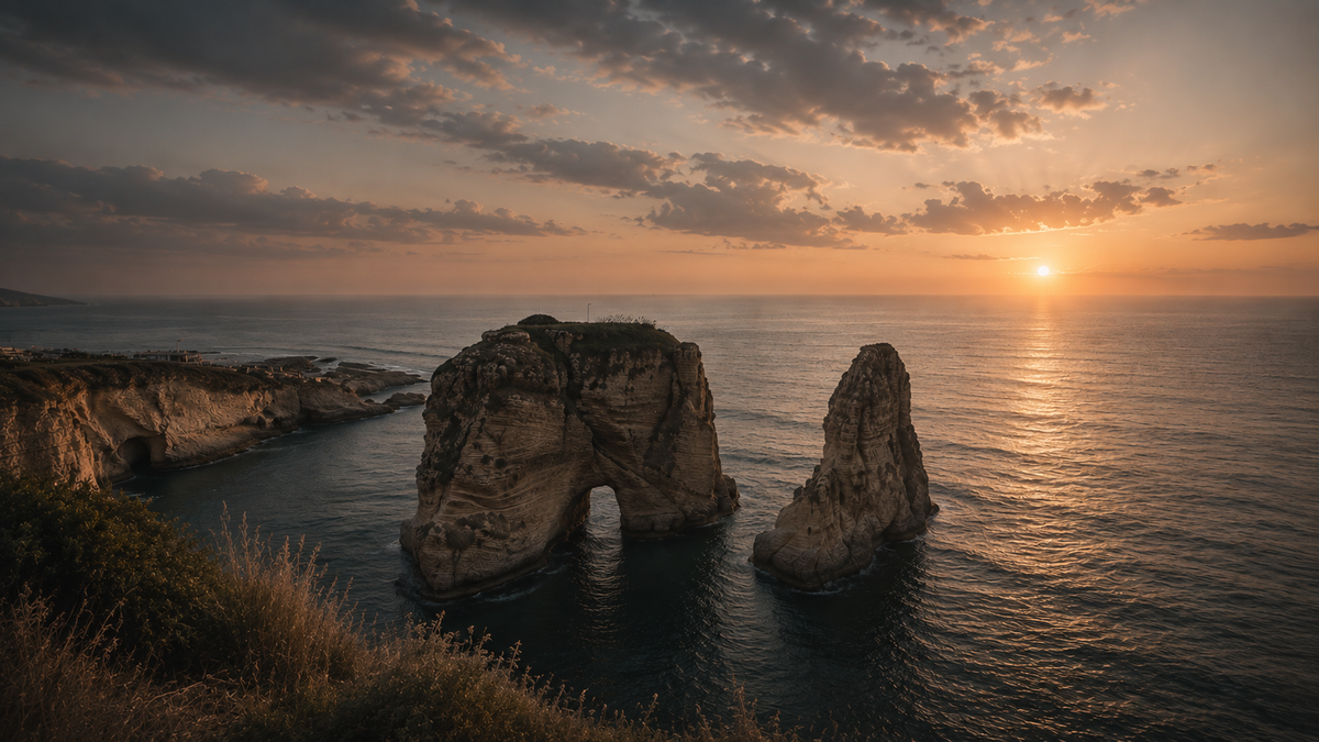Lebanese coastline and sea stacks at dusk